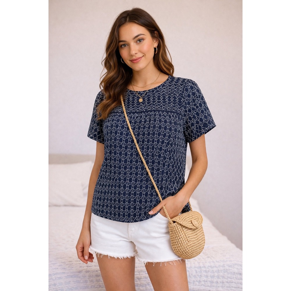 Ann Taylor Navy Blue Geometric Flutter Sleeve Blouse Pleated Lace Trim Small